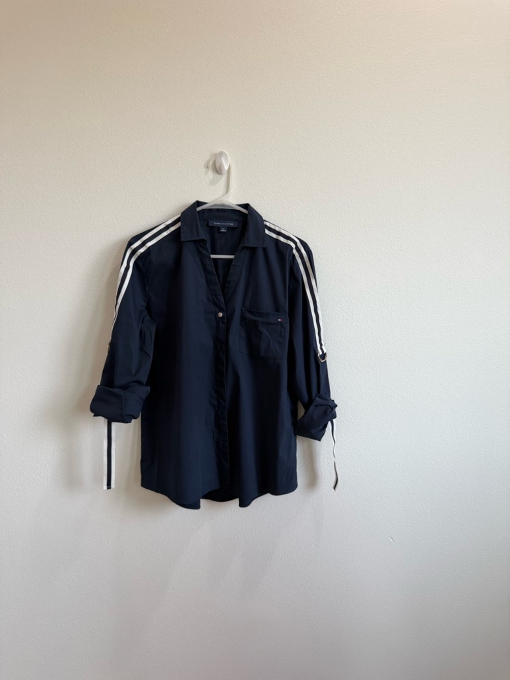 Tommy Hilfiger Navy Button-Down Shirt with White Shoulder Stripes
